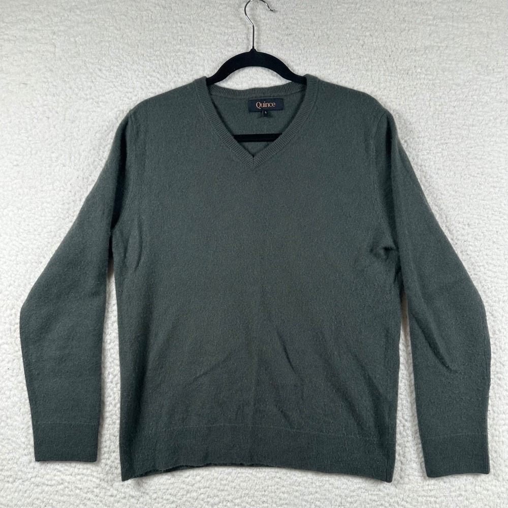 Quince V-Neck Sweater Mens 100% Cashmere Long Sleeve Knit L Green